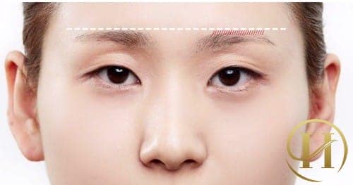 Bước 4: Tiếp tục lấy 2 điểm cao nhất ở 2 phía lông mày, ướm 1 đường thẳng chạy qua 2 điểm vừa lấy. Dựa vào đó để so sánh độ cân bằng giữa 2 đuôi mày.