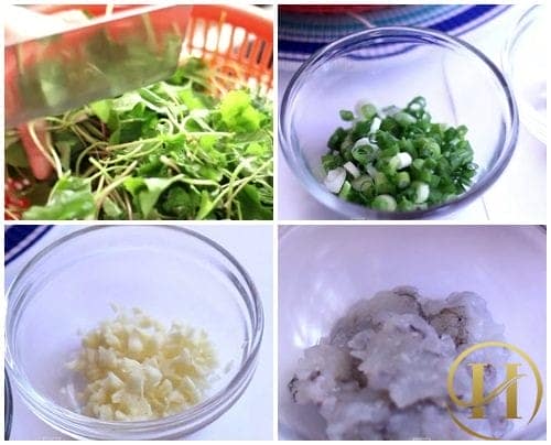 Đầu tiên bạn cần làm là rửa sạch và thái nhỏ rau má. Tỏi băm nhỏ, tôm nõn tươi băm nhỏ. Hành thái nhỏ.